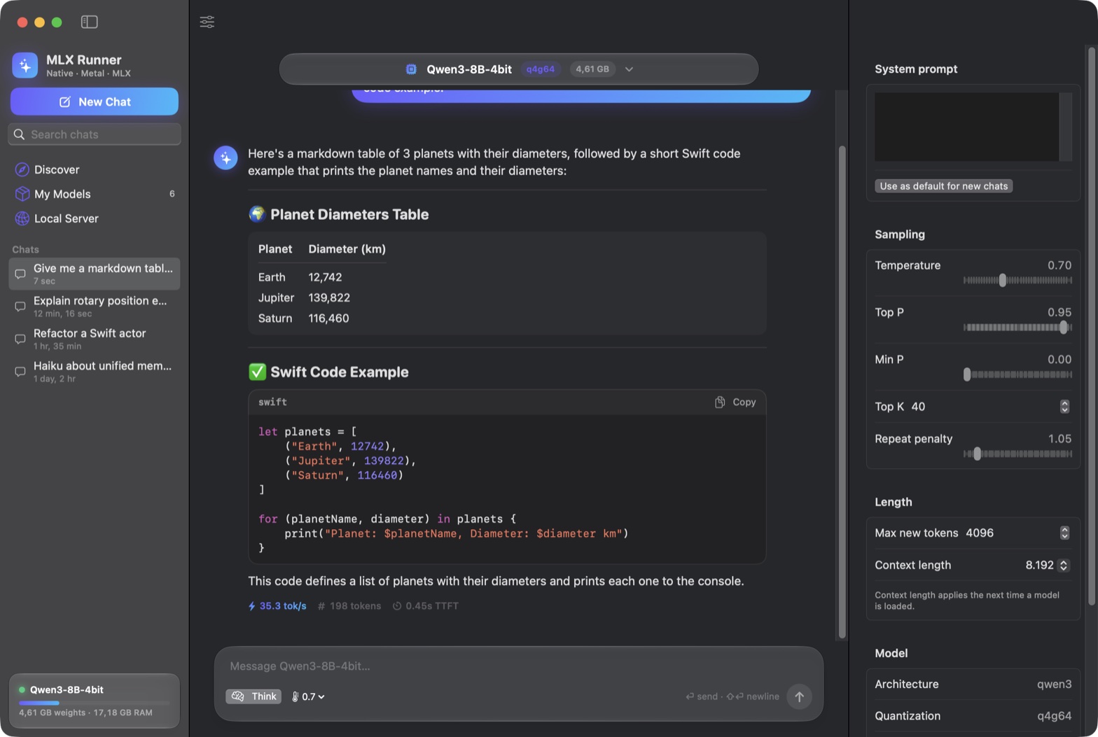 MLX Runner chat: a streamed reply with Markdown and code, its tok/s, token count and time to first token, next to the sampling inspector.