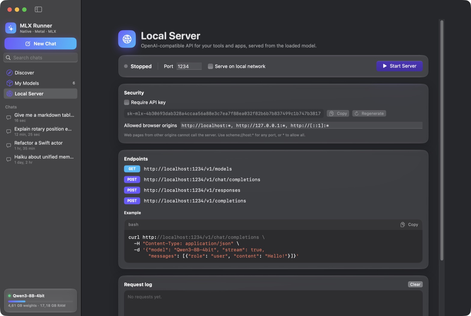 MLX Runner Local Server: port, local-network and API-key settings, allowed browser origins and the OpenAI-compatible endpoints.
